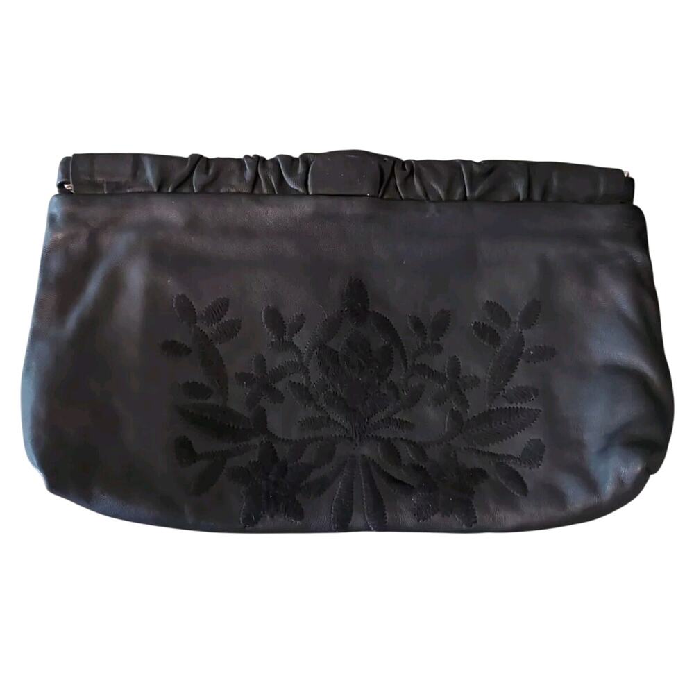 Black Embroidered Leather Crossbody Clutch